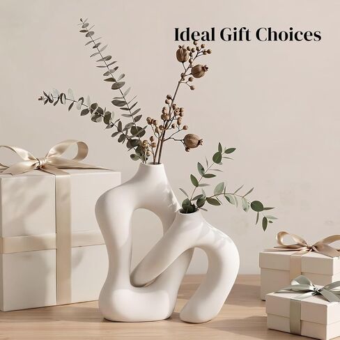 Dowan White Vases for Decor,Hollow Ceramic Vase Set of 2,7.6" Nordic Modern Boho ins Style Decorative Ceramic Aesthetic Flower Vase for Home Decor Modern Minimalist Table, Entryway Centerpieces in Saudi Arabia
