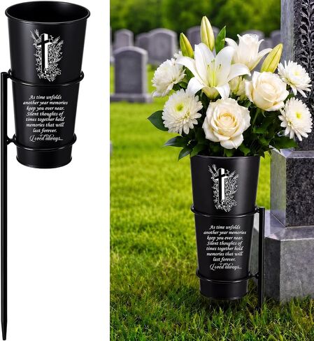 SiliFine Father's Day Metal Cemetery Vase Grave Flower Holder with 13.6" Spike in Ground Cross Memorial Gravesite Marker for Dad Mom Beloved Gravestone Headstone Funeral Outdoor Yard Decorations in Kuwait