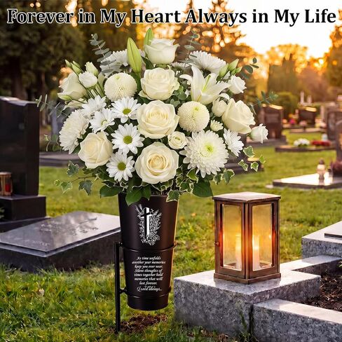 SiliFine Father's Day Metal Cemetery Vase Grave Flower Holder with 13.6" Spike in Ground Cross Memorial Gravesite Marker for Dad Mom Beloved Gravestone Headstone Funeral Outdoor Yard Decorations in Kuwait