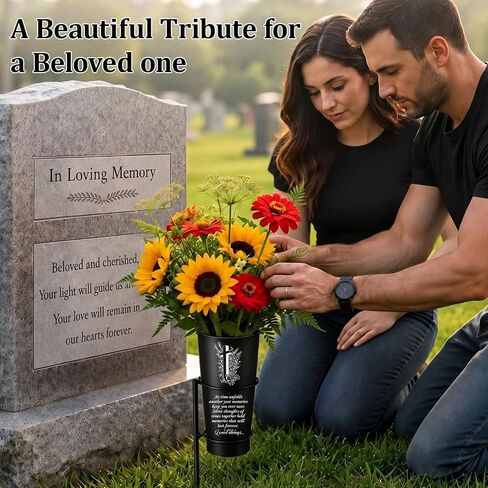 SiliFine Father's Day Metal Cemetery Vase Grave Flower Holder with 13.6" Spike in Ground Cross Memorial Gravesite Marker for Dad Mom Beloved Gravestone Headstone Funeral Outdoor Yard Decorations in Kuwait