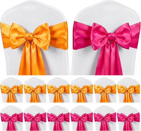 12 Pcs Pink and Orange Satin Chair Sashes Bows, 6 Orange & 6 Hot Pink Chair Ties for Sunset Wedding Reception Party Banquet Decorations, Universal Cover Sashes in Saudi Arabia