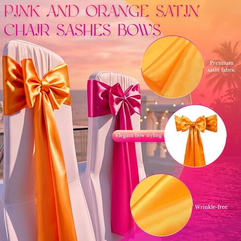 12 Pcs Pink and Orange Satin Chair Sashes Bows, 6 Orange & 6 Hot Pink Chair Ties for Sunset Wedding Reception Party Banquet Decorations, Universal Cover Sashes in Saudi Arabia