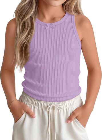 Halfchet Girl's Ribbed Tank Tops Teens Round Neck Fitted Sleeveless Undershirts with Bow Kids Summer Cute Camisole 5-14 Years in Kuwait
