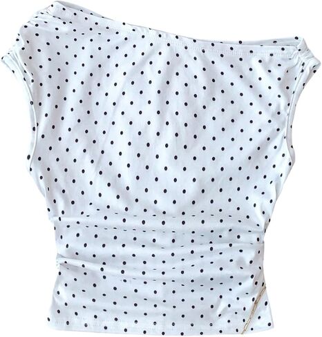GORGLITTER Girl's Polka Dots Crop Tops Y2K Off The Shoulder Ruched Cinched Waist Tank Top Trendy Fashion in Kuwait