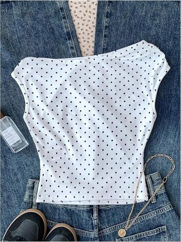 GORGLITTER Girl's Polka Dots Crop Tops Y2K Off The Shoulder Ruched Cinched Waist Tank Top Trendy Fashion in Kuwait