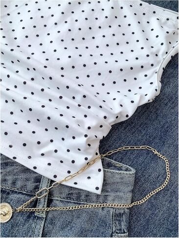 GORGLITTER Girl's Polka Dots Crop Tops Y2K Off The Shoulder Ruched Cinched Waist Tank Top Trendy Fashion in Kuwait