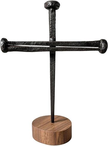 Jesus Crucifixion Nail Metal Cross with Wooden Base - Passion of Christ Religious Gifts for Men Women, Christian Home Office Decor for Easter Baptism Confirmation Ordination in Kuwait