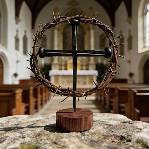 Jesus Crucifixion Nail Metal Cross with Wooden Base - Passion of Christ Religious Gifts for Men Women, Christian Home Office Decor for Easter Baptism Confirmation Ordination in Kuwait