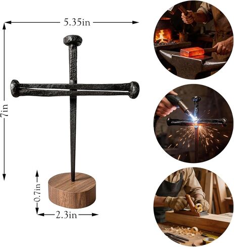 Jesus Crucifixion Nail Metal Cross with Wooden Base - Passion of Christ Religious Gifts for Men Women, Christian Home Office Decor for Easter Baptism Confirmation Ordination in Kuwait