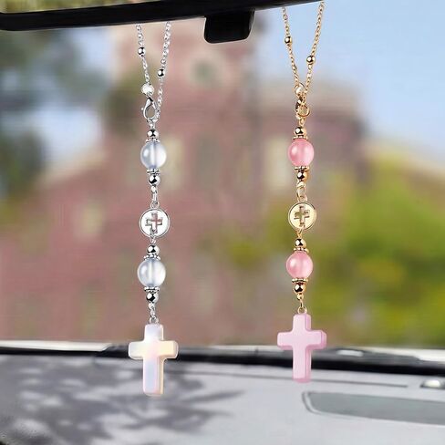2 Pcs Cross Car Hanging Charms Cute Healing Stone Rear View Mirror Accessories Boho Handmade Sun Catcher Ornament Decor Crystal Protection Gift for Women in Saudi Arabia