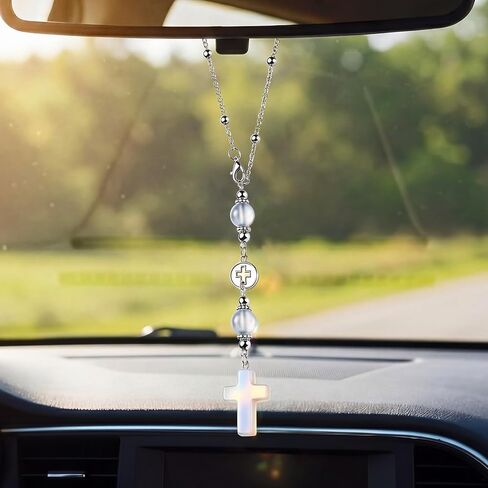 2 Pcs Cross Car Hanging Charms Cute Healing Stone Rear View Mirror Accessories Boho Handmade Sun Catcher Ornament Decor Crystal Protection Gift for Women in Saudi Arabia