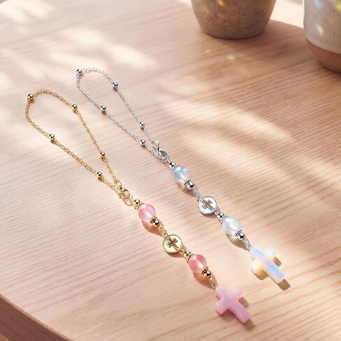 2 Pcs Cross Car Hanging Charms Cute Healing Stone Rear View Mirror Accessories Boho Handmade Sun Catcher Ornament Decor Crystal Protection Gift for Women in Saudi Arabia