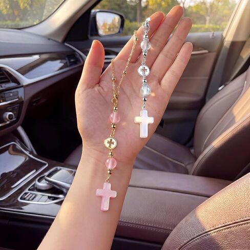 2 Pcs Cross Car Hanging Charms Cute Healing Stone Rear View Mirror Accessories Boho Handmade Sun Catcher Ornament Decor Crystal Protection Gift for Women in Saudi Arabia