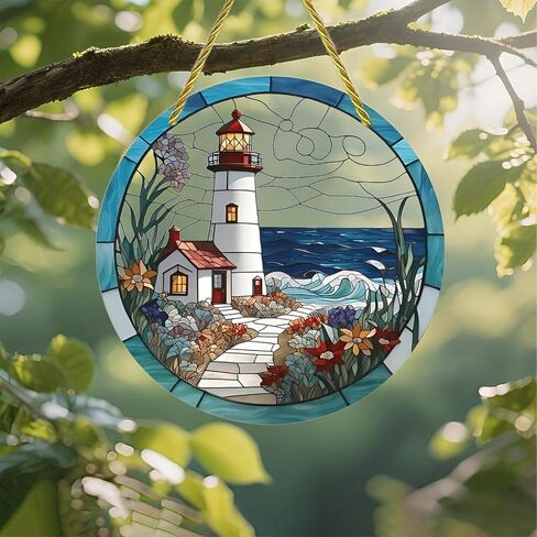 Colorful Acrylic Suncatcher, Stained Glass Lighthouse Seascape 7-inch Hanging Window Wall Art Decor with Printed Stained Glass Style Design, Gift Idea & Garden Ornament Indoor Outdoor Use in Kuwait