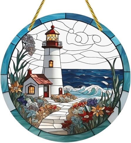 Colorful Acrylic Suncatcher, Stained Glass Lighthouse Seascape 7-inch Hanging Window Wall Art Decor with Printed Stained Glass Style Design, Gift Idea & Garden Ornament Indoor Outdoor Use in Kuwait