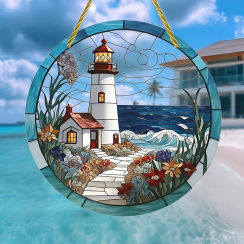 Colorful Acrylic Suncatcher, Stained Glass Lighthouse Seascape 7-inch Hanging Window Wall Art Decor with Printed Stained Glass Style Design, Gift Idea & Garden Ornament Indoor Outdoor Use in Kuwait