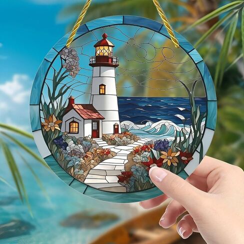 Colorful Acrylic Suncatcher, Stained Glass Lighthouse Seascape 7-inch Hanging Window Wall Art Decor with Printed Stained Glass Style Design, Gift Idea & Garden Ornament Indoor Outdoor Use in Kuwait