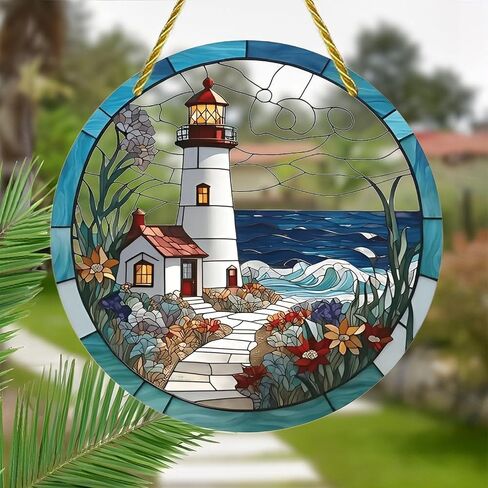 Colorful Acrylic Suncatcher, Stained Glass Lighthouse Seascape 7-inch Hanging Window Wall Art Decor with Printed Stained Glass Style Design, Gift Idea & Garden Ornament Indoor Outdoor Use in Kuwait