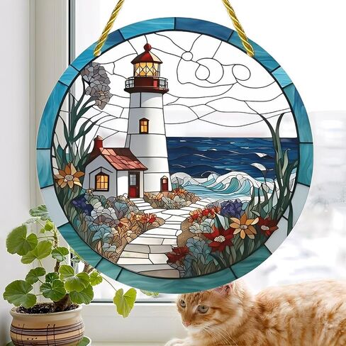 Colorful Acrylic Suncatcher, Stained Glass Lighthouse Seascape 7-inch Hanging Window Wall Art Decor with Printed Stained Glass Style Design, Gift Idea & Garden Ornament Indoor Outdoor Use in Kuwait