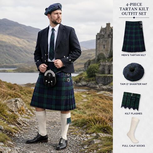 Kilt For Men | 4 Piece Tartan Kilt Set with Tam O’ Shanter Hat, Matching Flashes and Full Calf Socks in Saudi Arabia