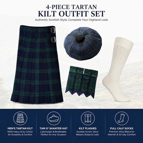 Kilt For Men | 4 Piece Tartan Kilt Set with Tam O’ Shanter Hat, Matching Flashes and Full Calf Socks in Saudi Arabia