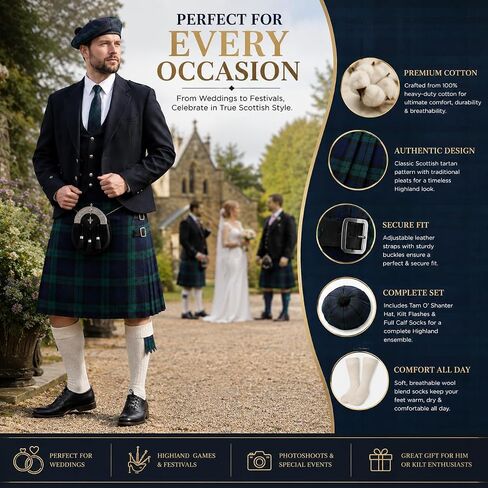 Kilt For Men | 4 Piece Tartan Kilt Set with Tam O’ Shanter Hat, Matching Flashes and Full Calf Socks in Saudi Arabia