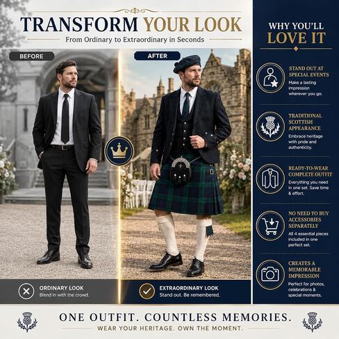 Kilt For Men | 4 Piece Tartan Kilt Set with Tam O’ Shanter Hat, Matching Flashes and Full Calf Socks in Saudi Arabia