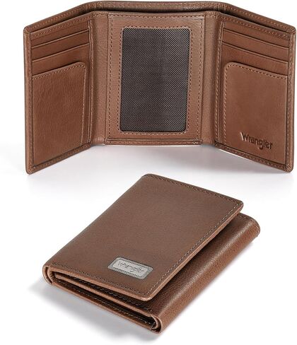 Wrangler Men's Trifold Wallet, Pebble Leather Wallet with RFID, Brown in Kuwait