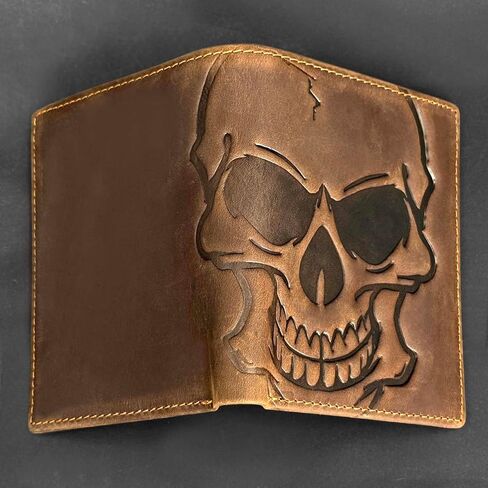 Biker Skull Slim Card Wallet for Men Bifold Card Holder Wallet Minimalist Front Pocket Purse Cowhide Leather Wallet in Saudi Arabia