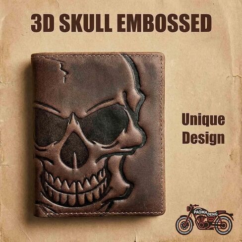 Biker Skull Slim Card Wallet for Men Bifold Card Holder Wallet Minimalist Front Pocket Purse Cowhide Leather Wallet in Saudi Arabia