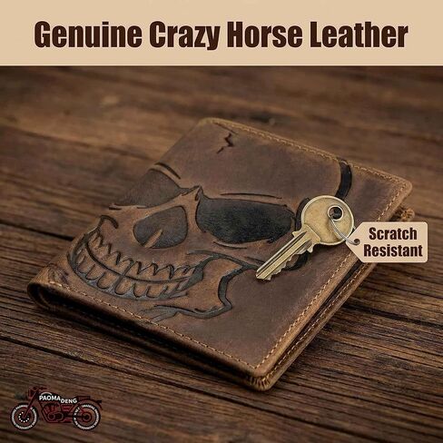 Biker Skull Slim Card Wallet for Men Bifold Card Holder Wallet Minimalist Front Pocket Purse Cowhide Leather Wallet in Saudi Arabia
