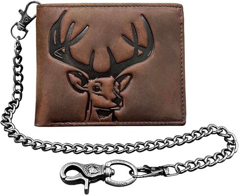Cowhide Leather Deer Bifold Wallet for Men,Slim Profile Hunting Wallet RFID Wallet Slim Bifold Wallet Christmas Gift for Men with Chain. in Saudi Arabia