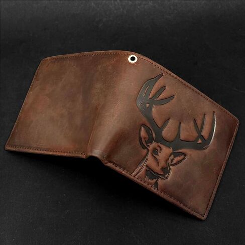 Cowhide Leather Deer Bifold Wallet for Men,Slim Profile Hunting Wallet RFID Wallet Slim Bifold Wallet Christmas Gift for Men with Chain. in Saudi Arabia