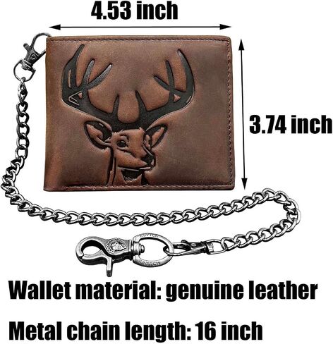 Cowhide Leather Deer Bifold Wallet for Men,Slim Profile Hunting Wallet RFID Wallet Slim Bifold Wallet Christmas Gift for Men with Chain. in Saudi Arabia