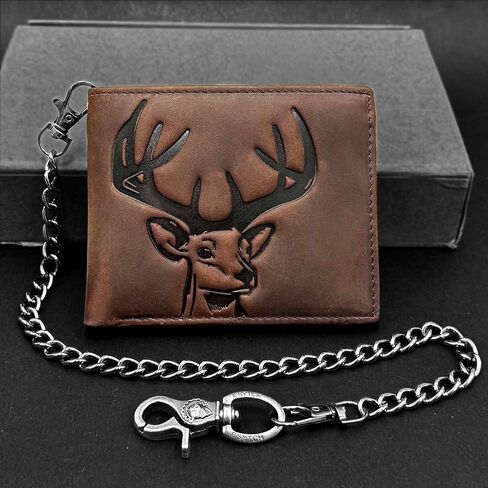 Cowhide Leather Deer Bifold Wallet for Men,Slim Profile Hunting Wallet RFID Wallet Slim Bifold Wallet Christmas Gift for Men with Chain. in Saudi Arabia