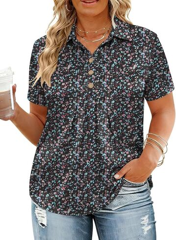 VOGRACE Womens-Plus-Size-Summer-Tops Dressy Polo V Neck Shirts Collared Short Sleeve Blouses Pleated Cute Button Down Tunics in Saudi Arabia