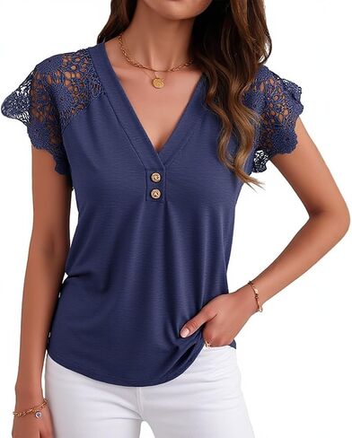 Angashion Womens Tops Lace Short Sleeve Casual V Neck Tunic with Button Summer Elegant Business Work Blouse in Saudi Arabia
