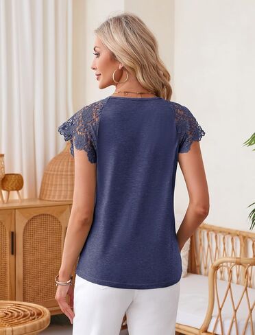 Angashion Womens Tops Lace Short Sleeve Casual V Neck Tunic with Button Summer Elegant Business Work Blouse in Saudi Arabia