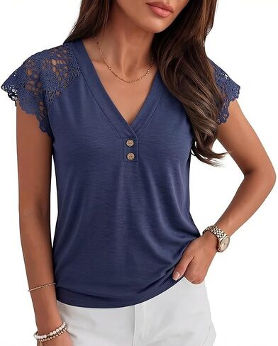Angashion Womens Tops Lace Short Sleeve Casual V Neck Tunic with Button Summer Elegant Business Work Blouse in Saudi Arabia