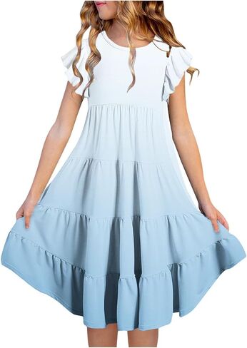 Summer Dresses for Teen Girls Casual Tiered Pleated Short Sleeve Flowy A-Line Sundress Gradient Dresses 6-15 Years in Kuwait