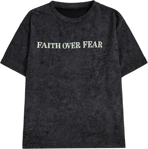 تي شيرت QJQ للأولاد مطبوع عليه Faith Over Fear تي شيرت بأكمام قصيرة عتيق وحمض ناعم مغسول للصيف in Kuwait