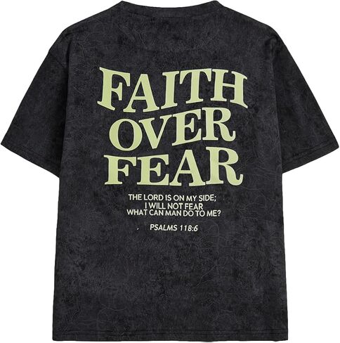 تي شيرت QJQ للأولاد مطبوع عليه Faith Over Fear تي شيرت بأكمام قصيرة عتيق وحمض ناعم مغسول للصيف in Kuwait