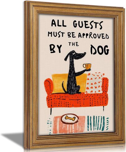 Gold Framed kitchen Canvas Wall Art Funny Black Dog With Coffee Painting Picture Wall Decor Guests Must Be Approved By The Dog Quote Animal Poster Print Artwork for Bedroom Living Room in Saudi Arabia