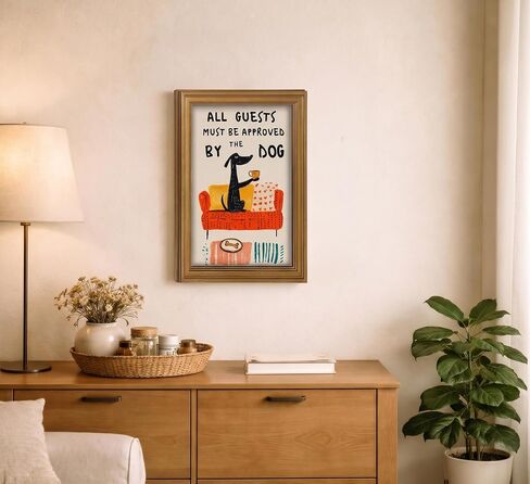 Gold Framed kitchen Canvas Wall Art Funny Black Dog With Coffee Painting Picture Wall Decor Guests Must Be Approved By The Dog Quote Animal Poster Print Artwork for Bedroom Living Room in Saudi Arabia
