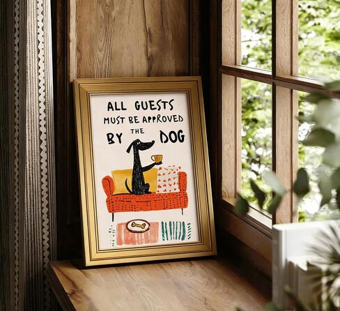 Gold Framed kitchen Canvas Wall Art Funny Black Dog With Coffee Painting Picture Wall Decor Guests Must Be Approved By The Dog Quote Animal Poster Print Artwork for Bedroom Living Room in Saudi Arabia