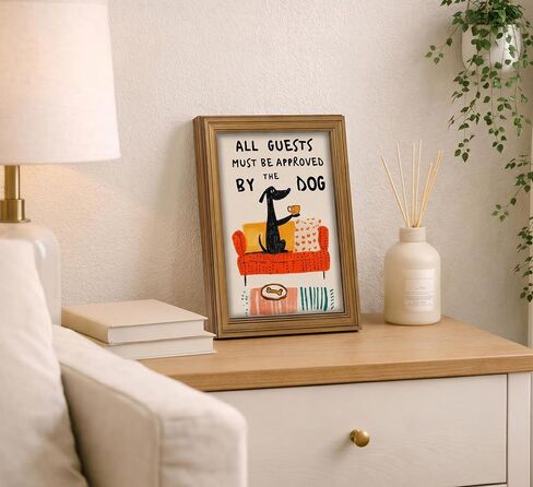 Gold Framed kitchen Canvas Wall Art Funny Black Dog With Coffee Painting Picture Wall Decor Guests Must Be Approved By The Dog Quote Animal Poster Print Artwork for Bedroom Living Room in Saudi Arabia