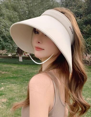 Women's Sun Visor Hats UV Protection Wide Brim Beach Sun Hat Fodable Adjustable Cap Ponytail Summer Travel Hat in Kuwait