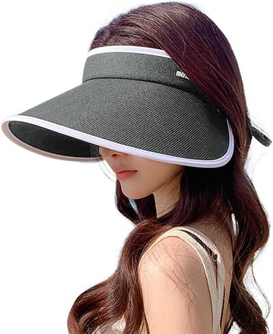 Women's Sun Visor Hats UV Protection Wide Brim Beach Sun Hat Fodable Adjustable Cap Ponytail Summer Travel Hat in Kuwait