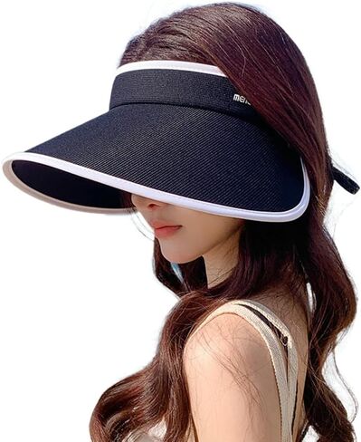 Women's Sun Visor Hats UV Protection Wide Brim Beach Sun Hat Fodable Adjustable Cap Ponytail Summer Travel Hat in Kuwait