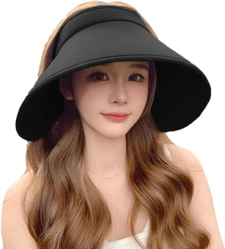 Women's Sun Visor Hats UV Protection Wide Brim Beach Sun Hat Fodable Adjustable Cap Ponytail Summer Travel Hat in Kuwait
